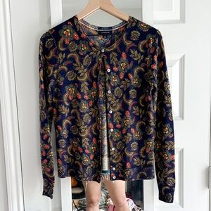 Lands' End Navy Paisley Merino Wool Cardigan with Red & Gold Motifs S
